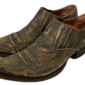 REDNECK RIVIERA Snip Toe Brown Leather Embroidered Cowboy Bootie 9.5 No Wear EUC